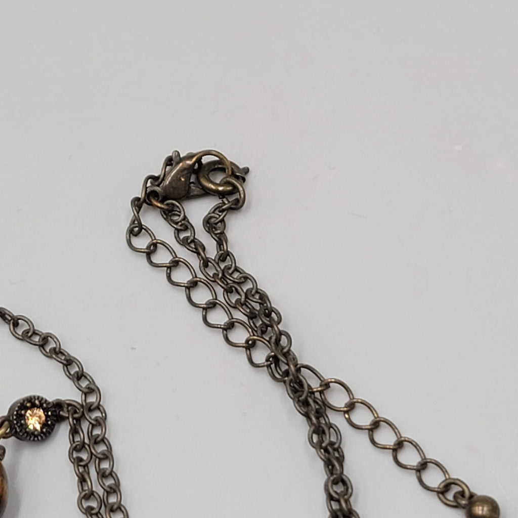 Tigers Eye Y Drop Necklace Bronze Tone Chain Pendant Crystal Accent 18"