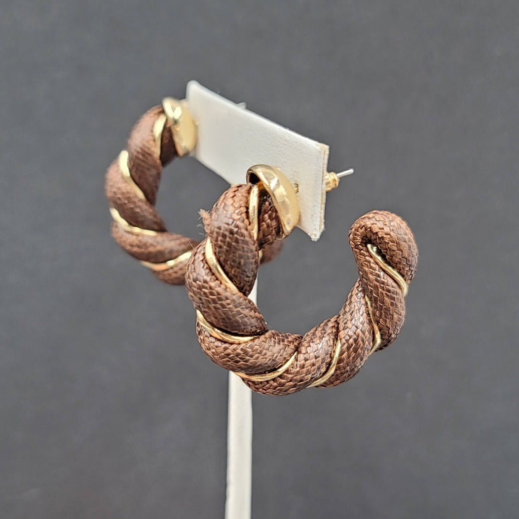 Pierced Earrings Gold tone Brown Fabric Wrapped Drop Hoops 1.5"