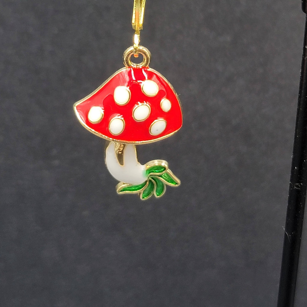 Mushroom Pierced Earrings Gold tone Enamel Red White Polka Dot Dangle 1"