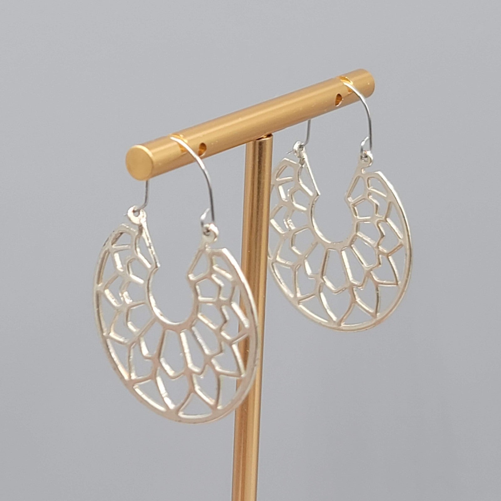 Open Work Hoops Pierced Earrings Silver tone Dangle Geometric 1.25 in