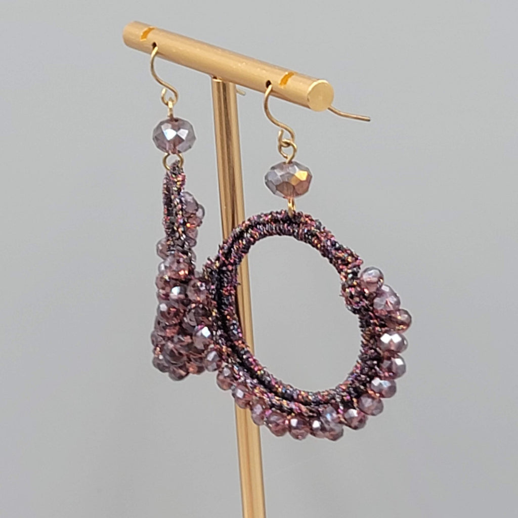 Purple Crystal Bead Pierced Earrings Thread Covered Open Hoop 1.75"