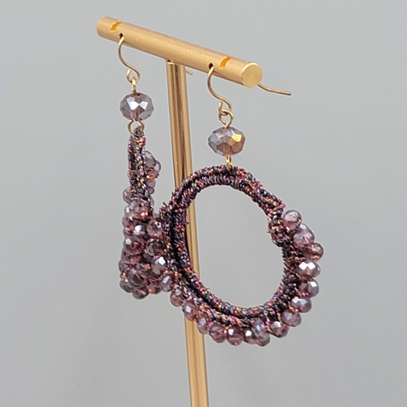 Purple Crystal Bead Pierced Earrings Thread Covered Open Hoop 1.75"
