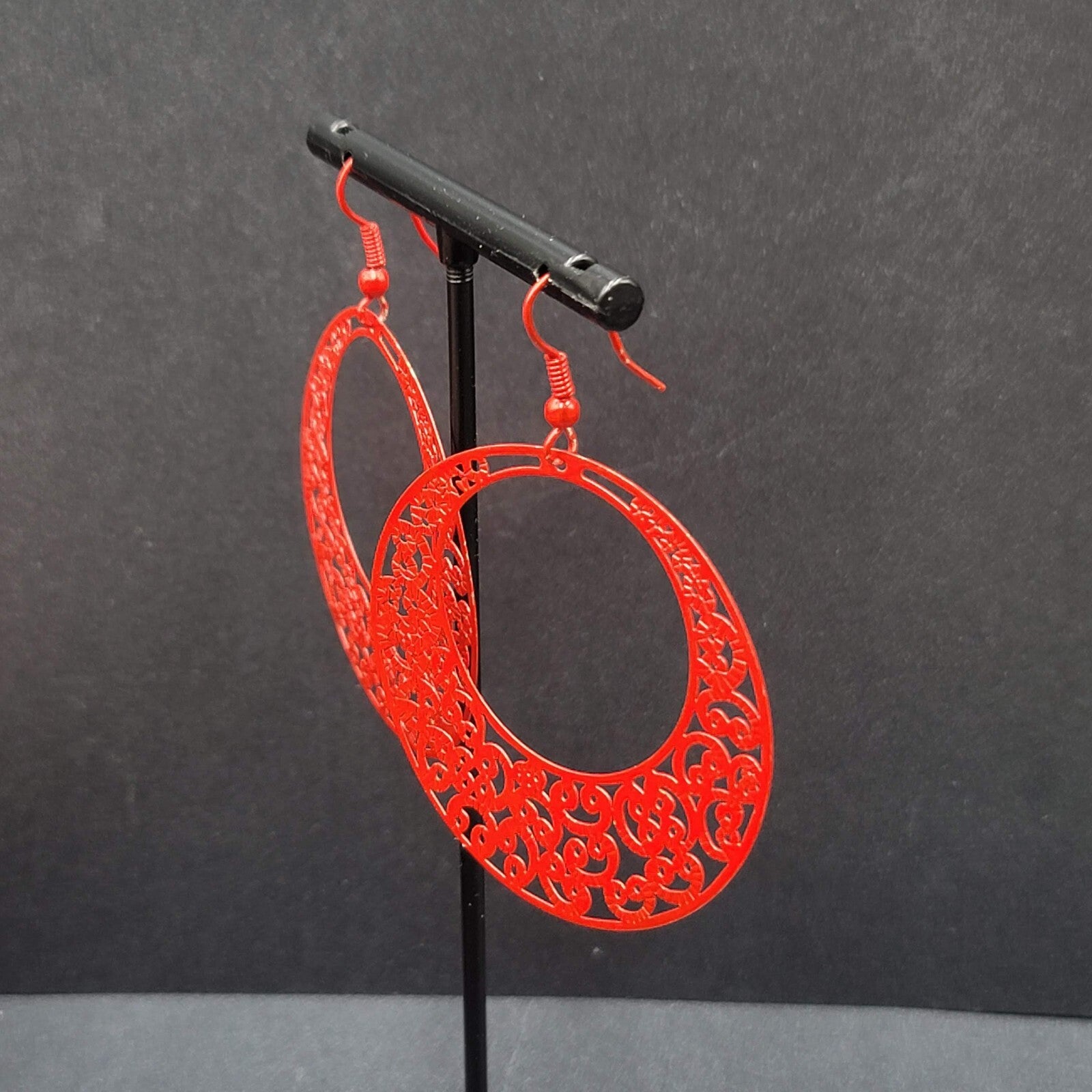 Pierced Earrings Red Enamel Filagree Statement Hoops 2"