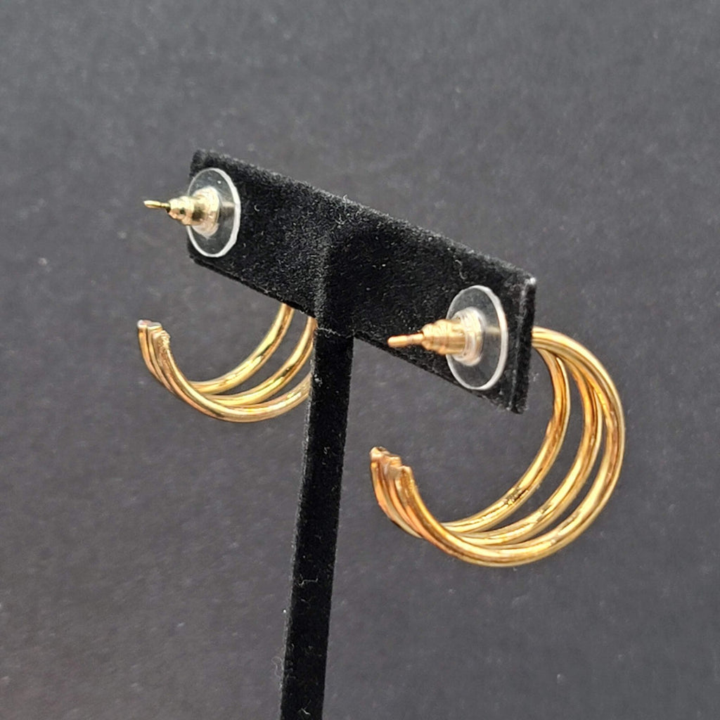 Pierced Earrings Triple Hoops Gold tone 1" Costume Jewely