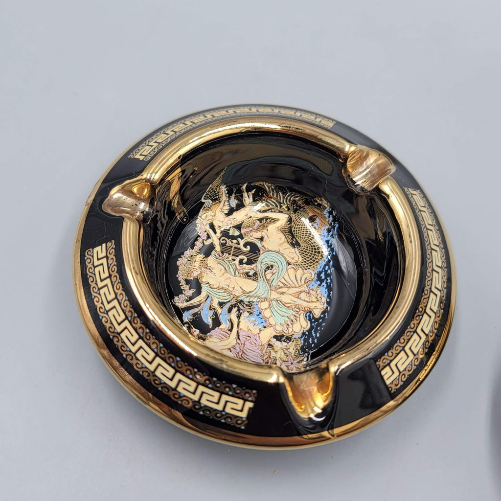 Greek Key Black Ceramic Ashtray Set of 2 24K Gold Hand Made in Greece Mythology