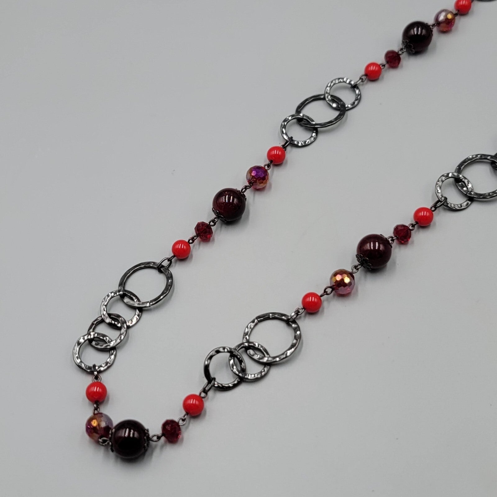Premier Designs Necklace Black Metal Red Bead Statement Long 38"