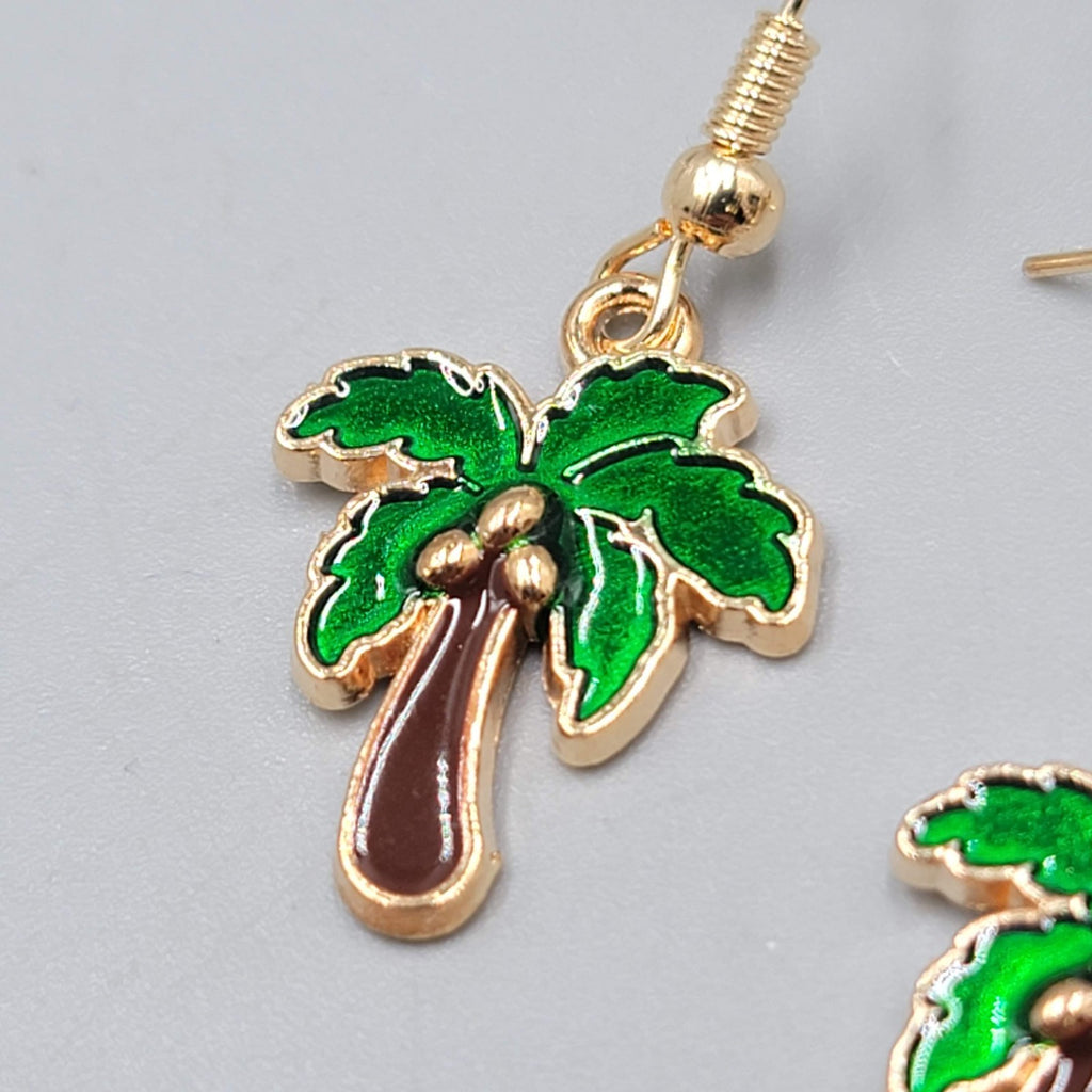 Enamel Palm Tree Pierced Earrings Gold tone Dangle Brown Trunk 3/4"