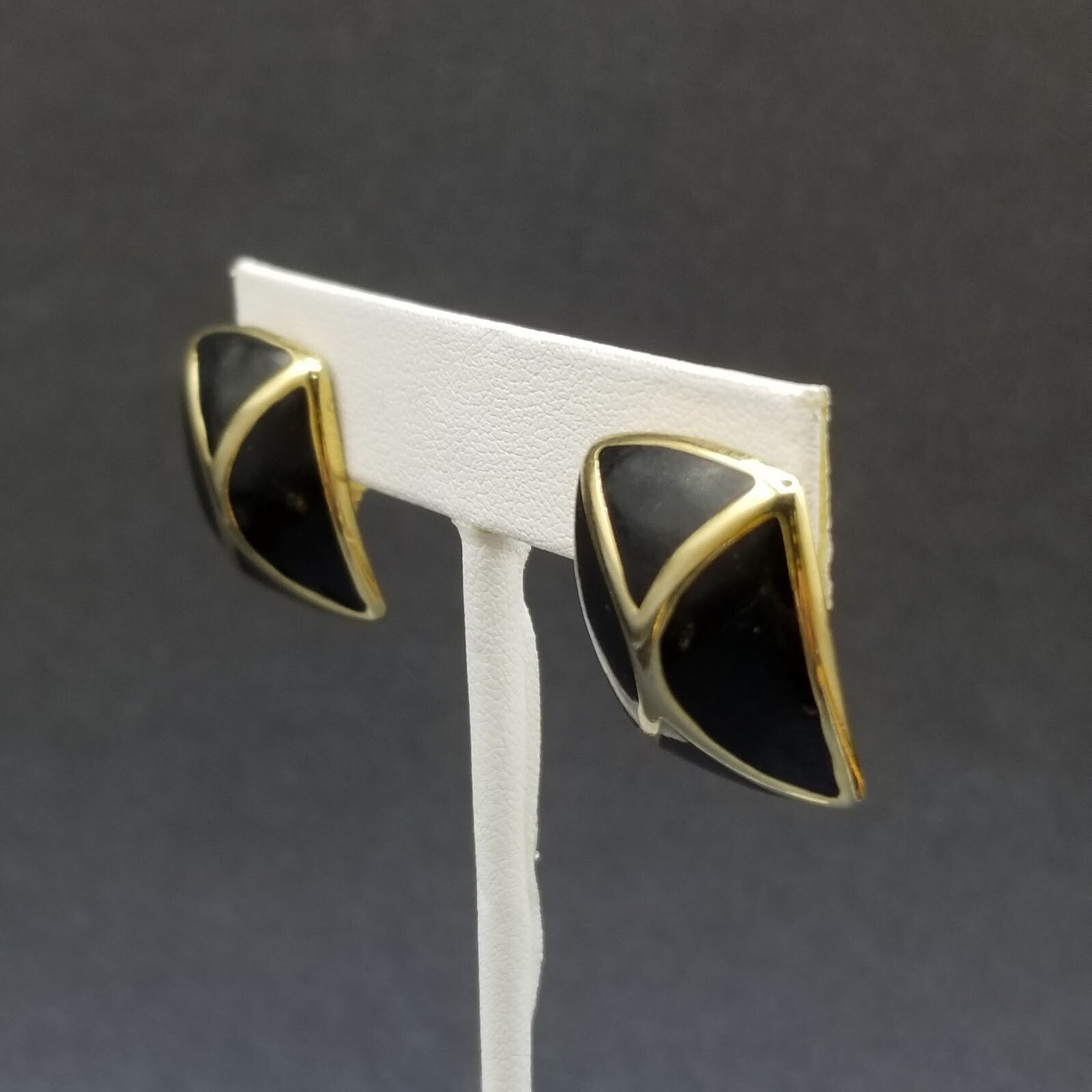 Vintage Clip on Earrings Gold tone Black Enamel Geometric Drop Stud 1"