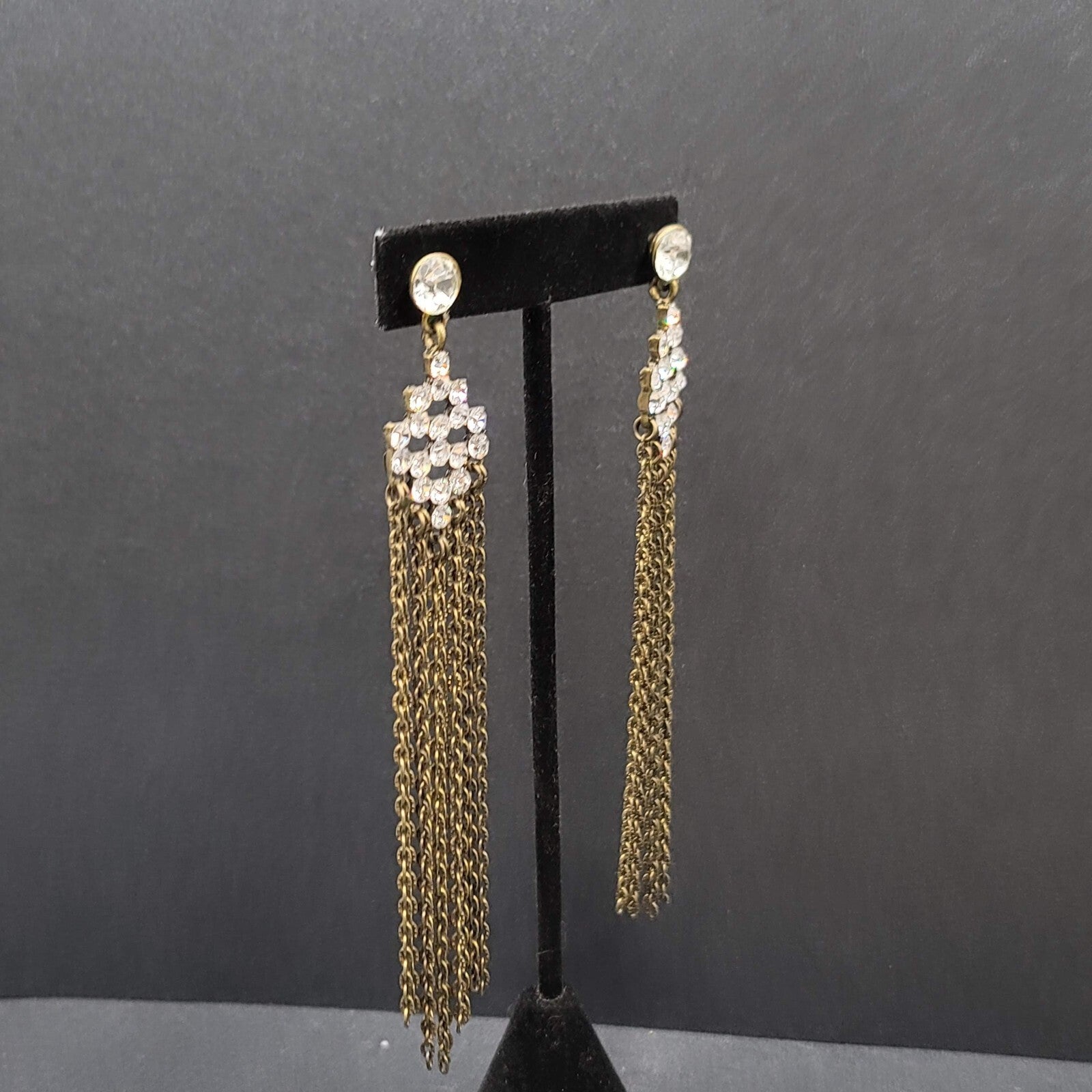 Pierced Earrings Bronze tone Sparkle Rhinestone Chain Dangle Long 4.5"