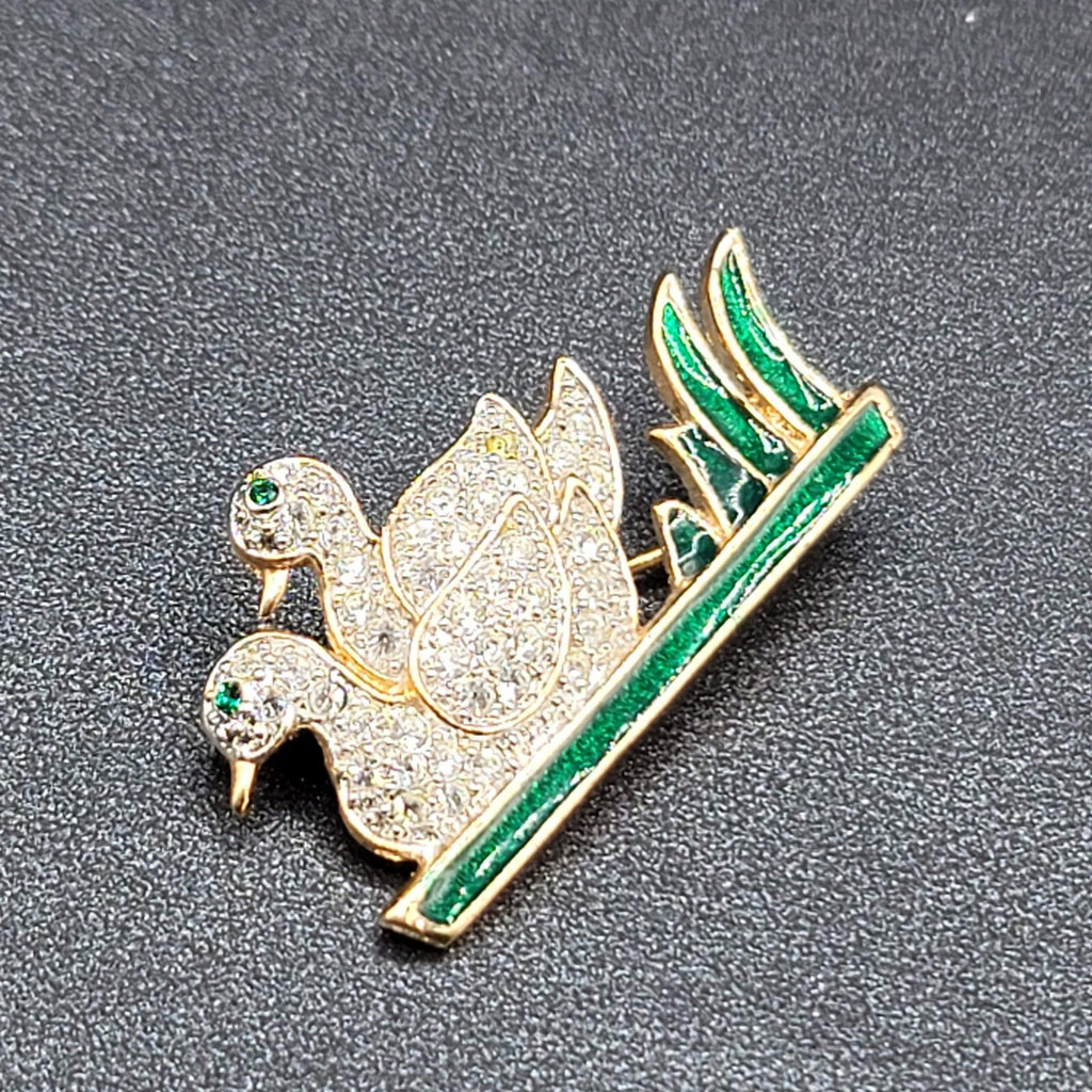 Vintage Roman Brooch Ducks Birds Rhinestones Pin 1 5/8"