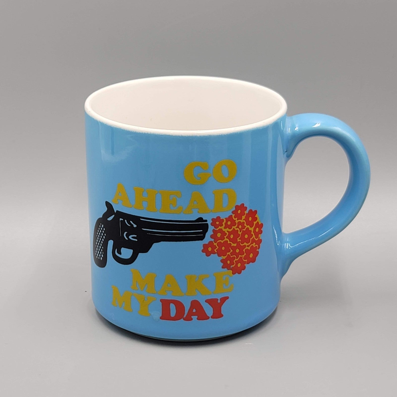 Go Ahead Make My Day Coffee Mug Blue Flowers Funny