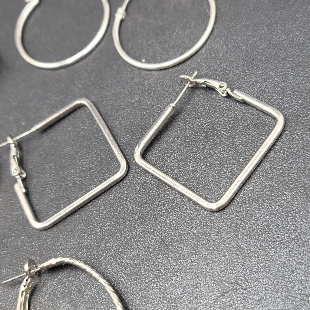 Lot of 6 Pierced Earrings Silver tone Hoops Dangle Square Oval Round