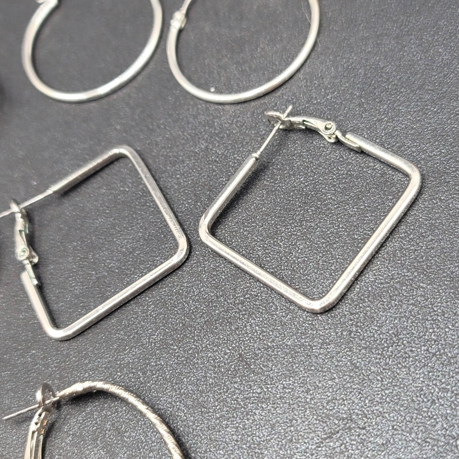 Lot of 6 Pierced Earrings Silver tone Hoops Dangle Square Oval Round