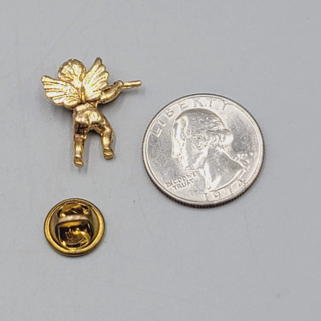 Guardian Angel Cherub Gold Tone Vintage Lapel Pin Playing a Flute