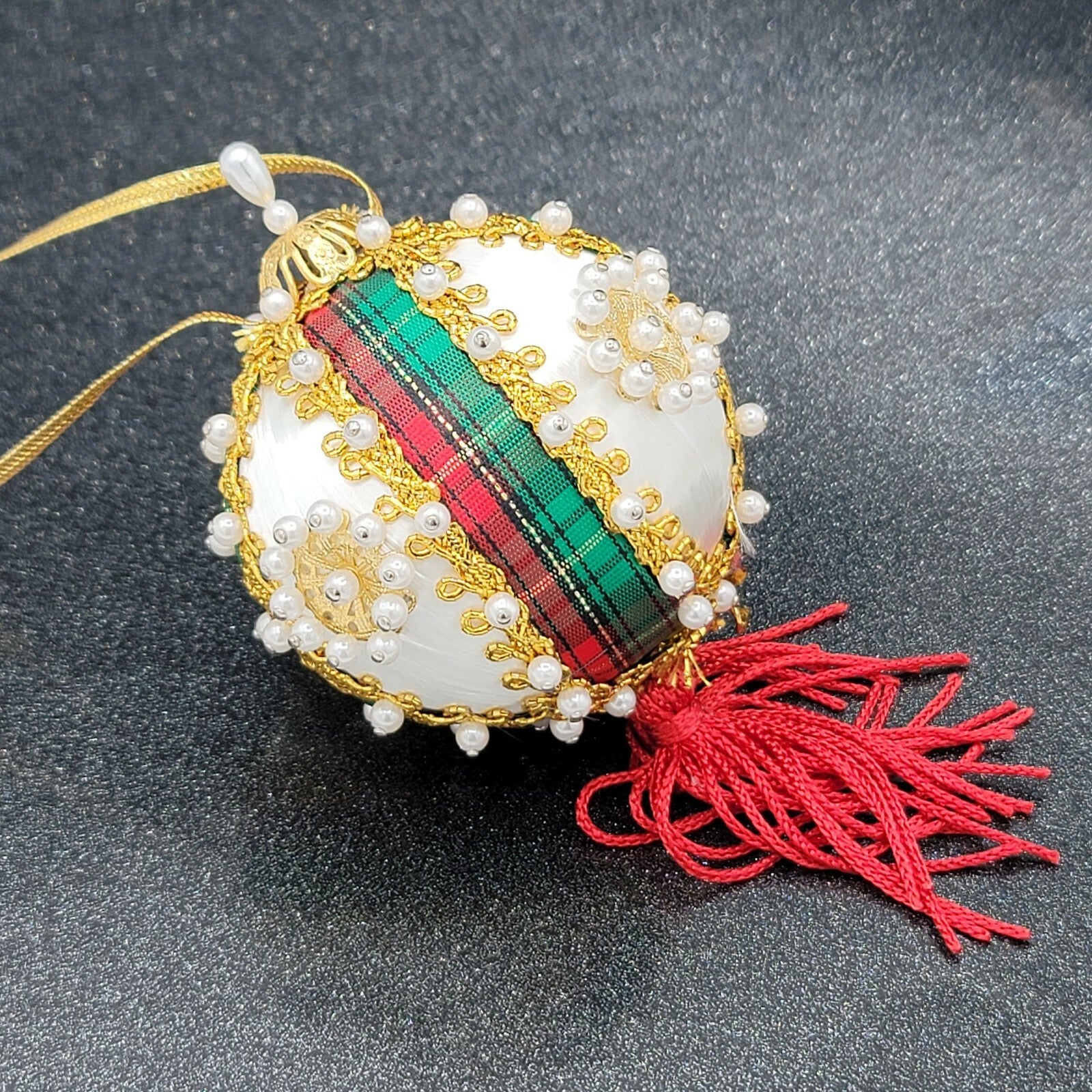 Vintage White Spun Satin Pearl Push Pin Christmas Ornament Velvet Ribbon Bead 4"