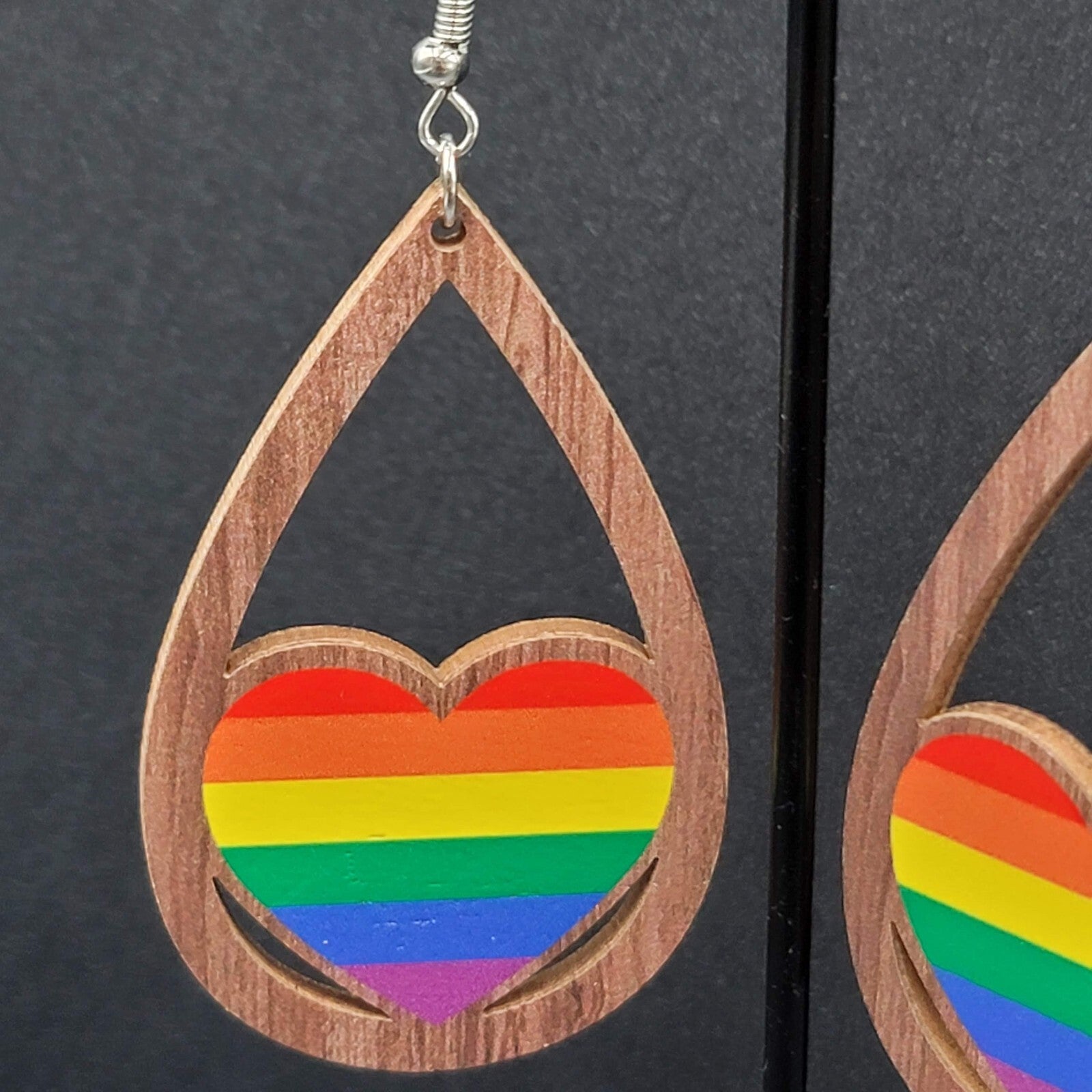 New PRIDE HEART Pierced Earrings Rainbow Wood Teardrop Dangle 2.25"