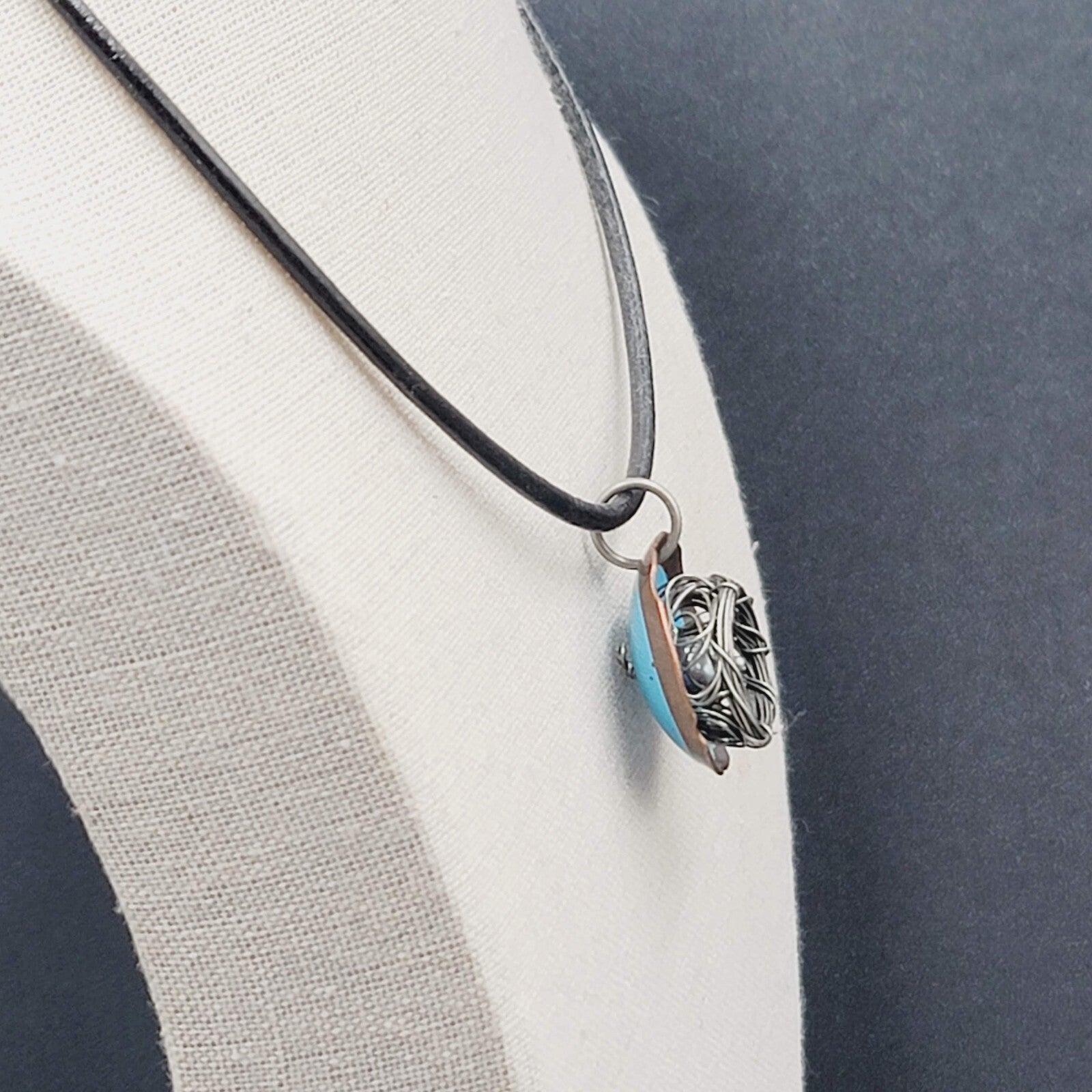 Artisan Birds Nest Necklace Leather Cord Blue Enamel Black Pearl 16"