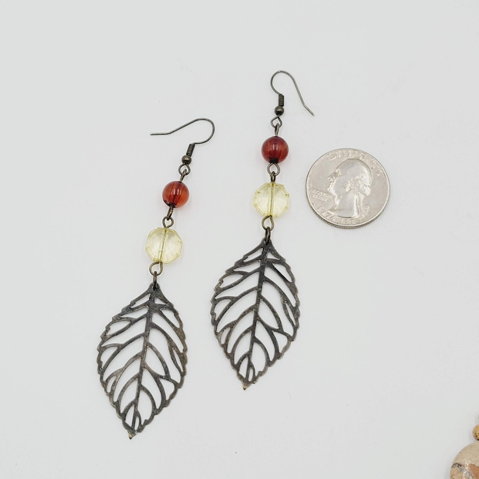 Long Pierced Earrings Beaded Open Work Leaf 3"