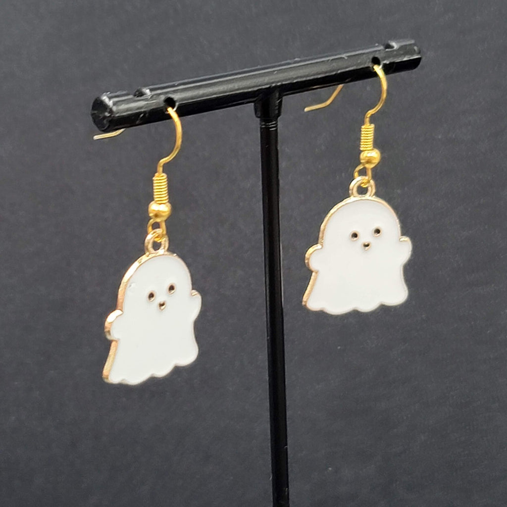 Ghost Halloween Pierced Earrings White Enamel Gold tone Enamel Dangle 3/4"