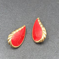 Vintage Pierced Earrings Gold tone Red Enamel Drop Teardrop 1.25"