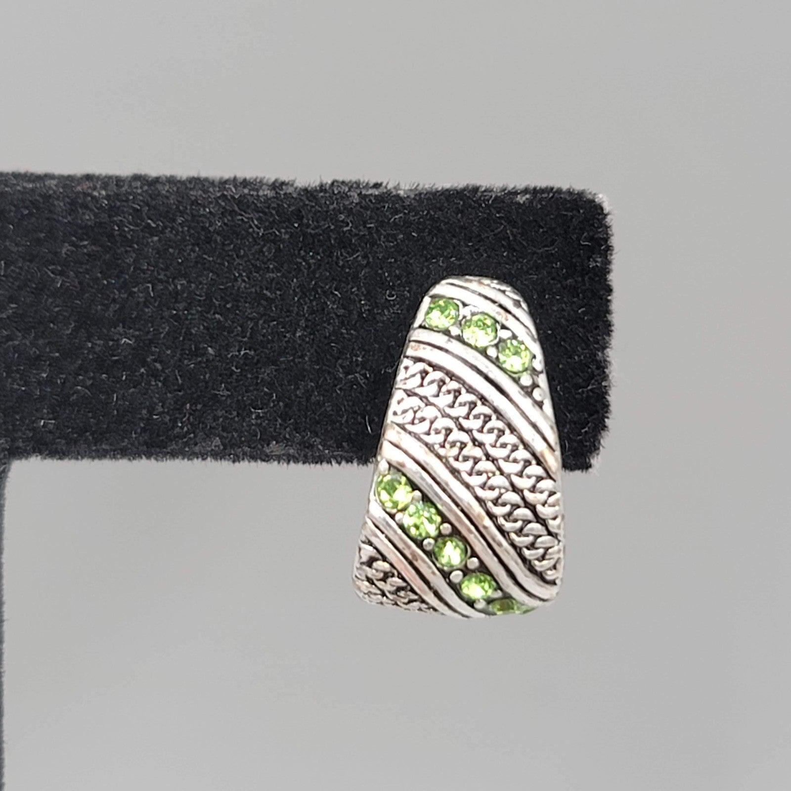 Green Crystal Pierced Earrings Silver tone Drop 5/8 in