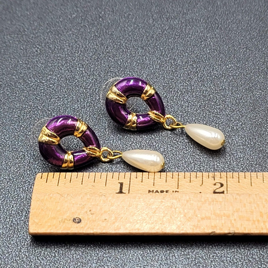 Vintage Pierced Earrings Purple Enamel Faux Pearl Teardrop Signed Dangle 1 3/8"