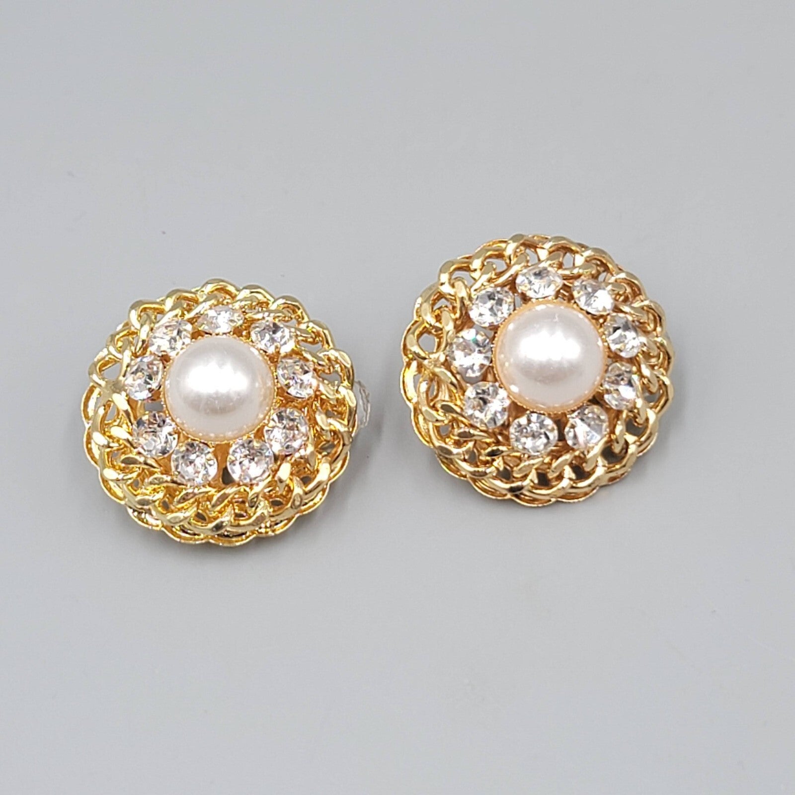Vintage Clip on Earrings Gold tone Open Work Chain White Cabochon 1.25"