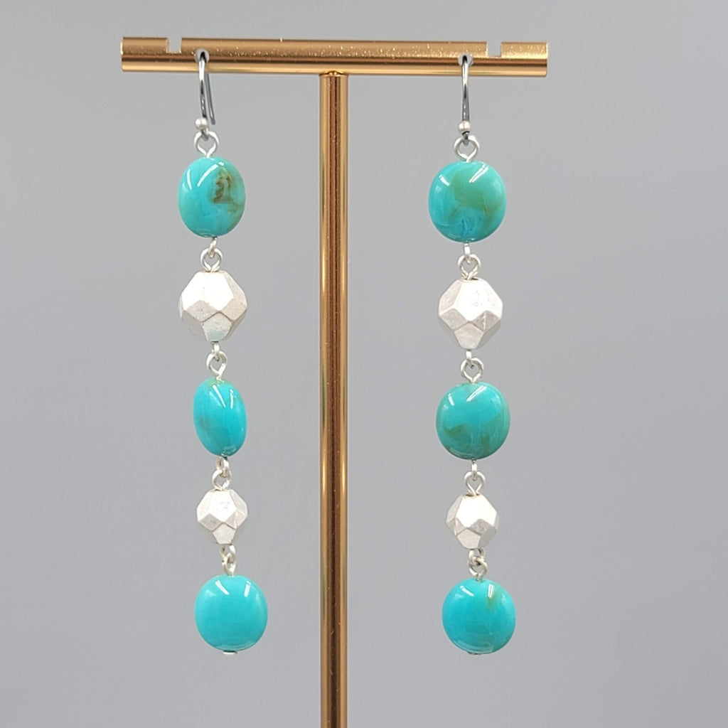 Long Bead Pierced Earrings Blue and Silver tone Dangle 3"