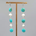 Long Bead Pierced Earrings Blue and Silver tone Dangle 3"