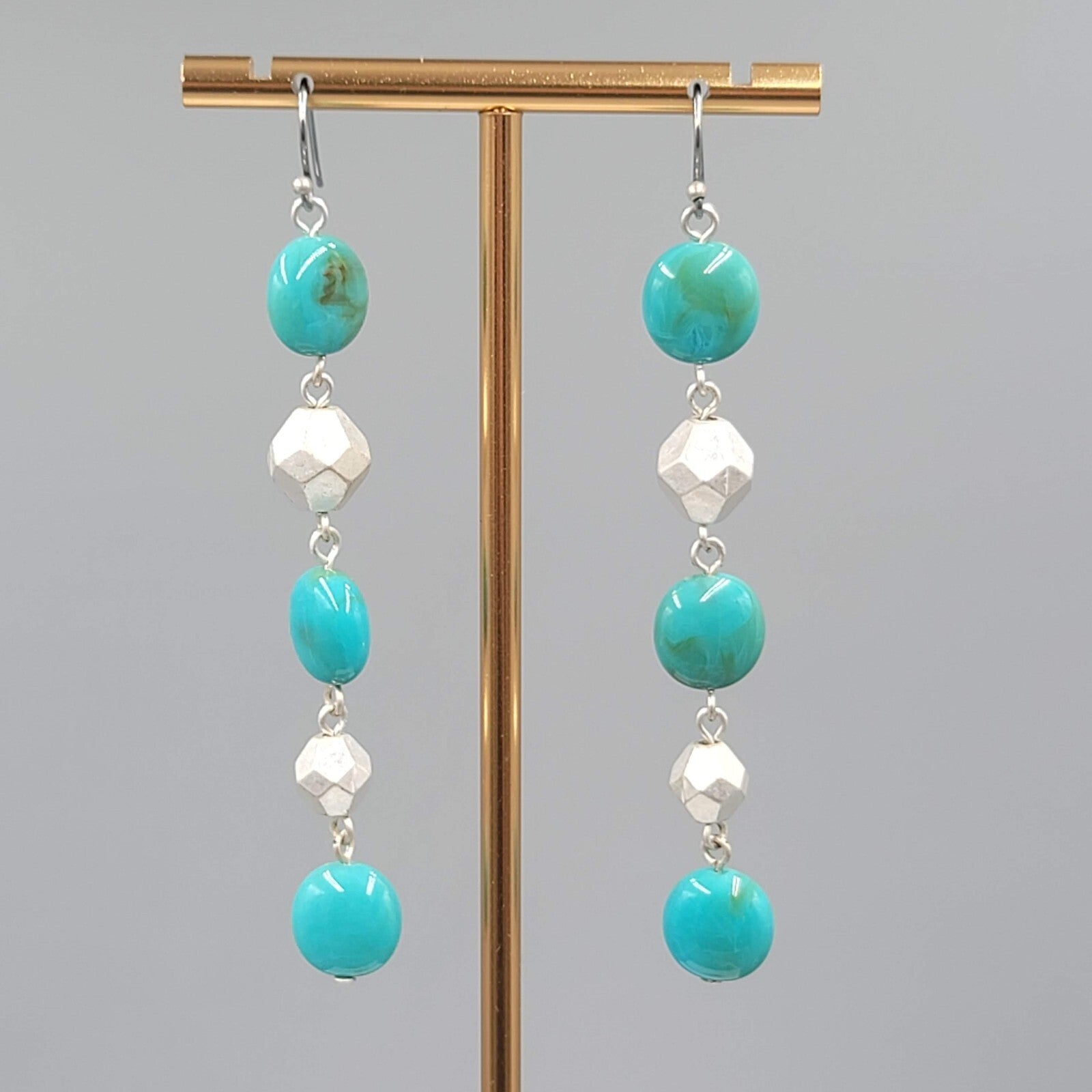 Long Bead Pierced Earrings Blue and Silver tone Dangle 3"