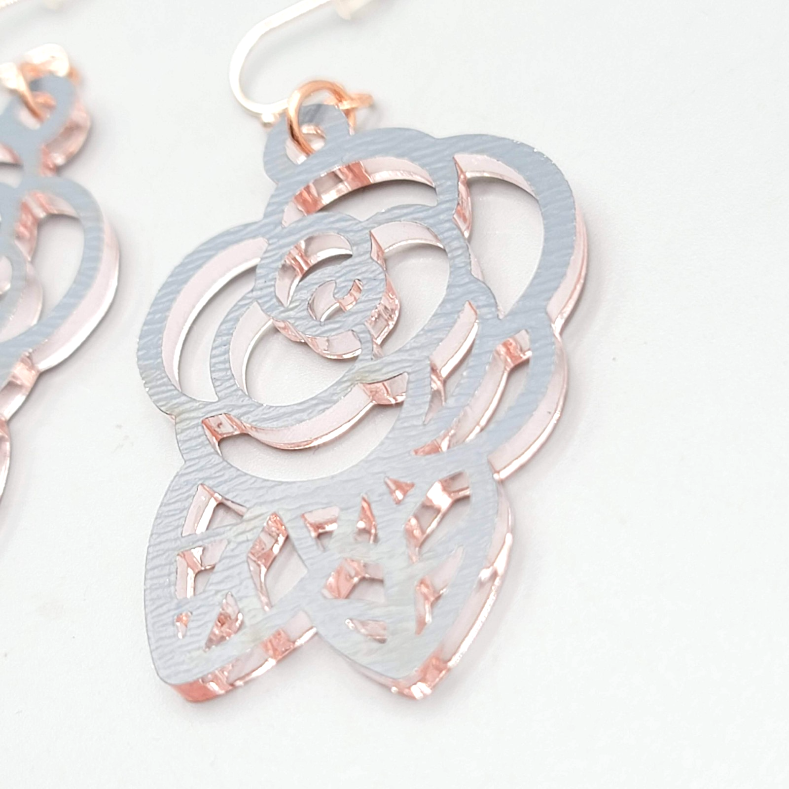 Pink Mirrored Open Work Flower Pierced Earrings Silver tone Dangle 2"