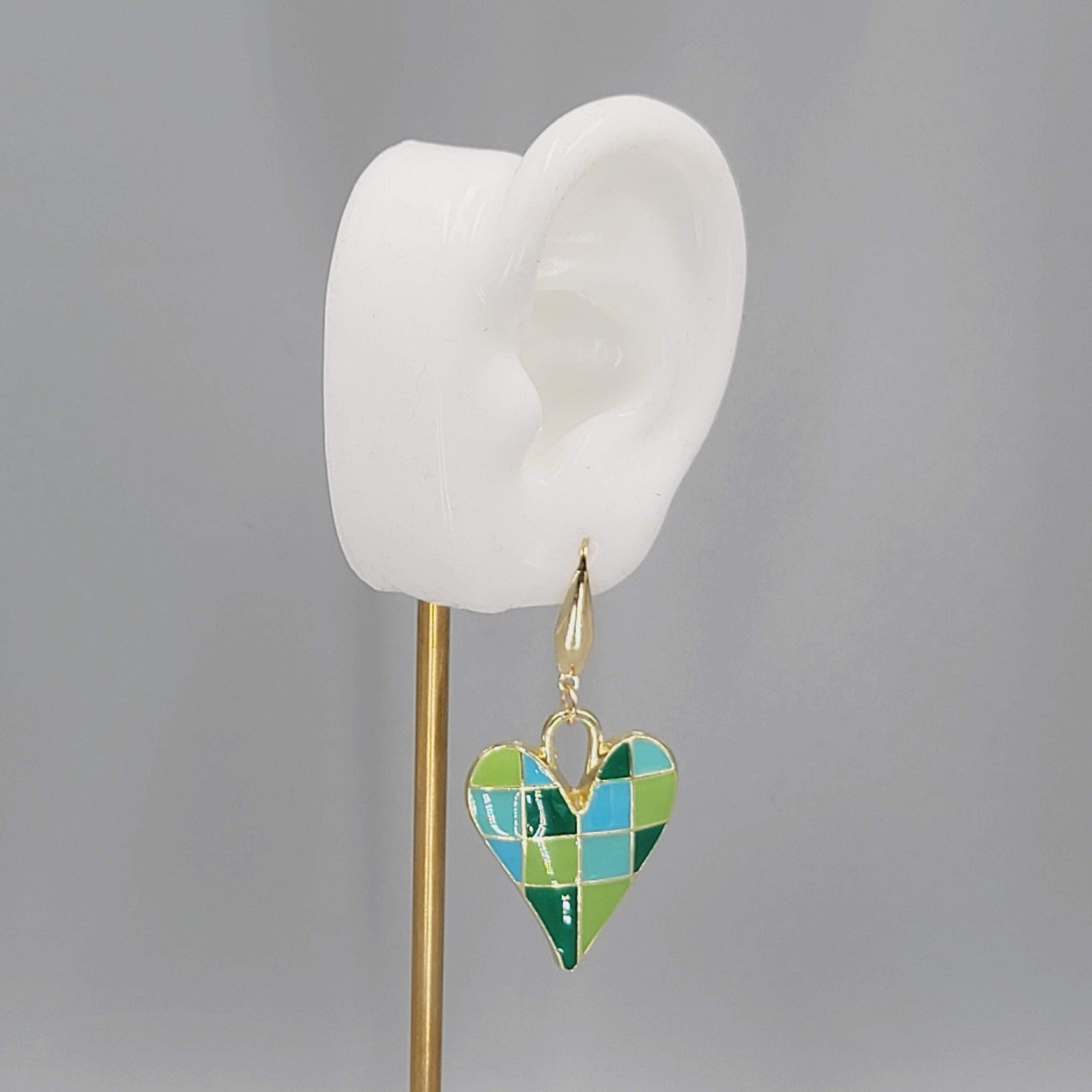 Green Enamel Checkered Heart Pierced Earrings Gold tone Dangle Large 1.5"
