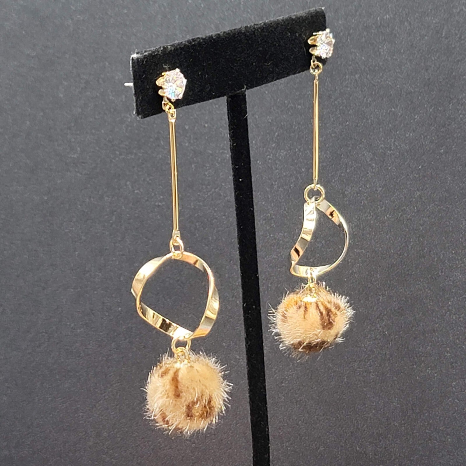 Pierced Earrings Gold tone Crystal Leopard Fuzz Ball Dangle 2.5"