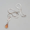Orange Crystal Teardrop Pendant Necklace Silver tone Snake Chain 15"