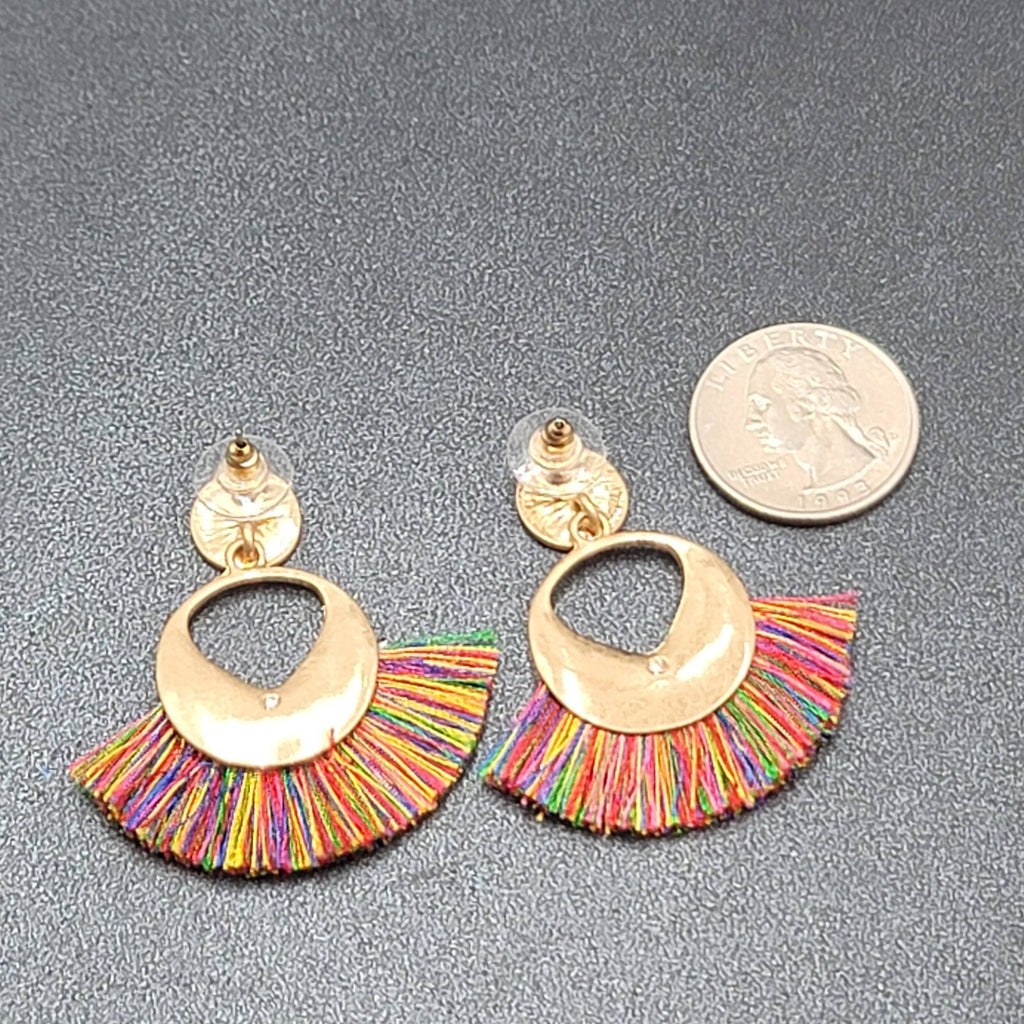 Pierced Earrings Gold tone Multicolor Tassel Boho 1.75"