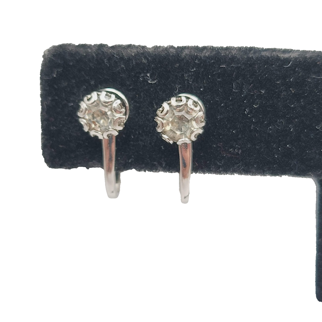 Vintage Stud Clip on Earrings Cubic Zirconia Silver tone 3/16 in