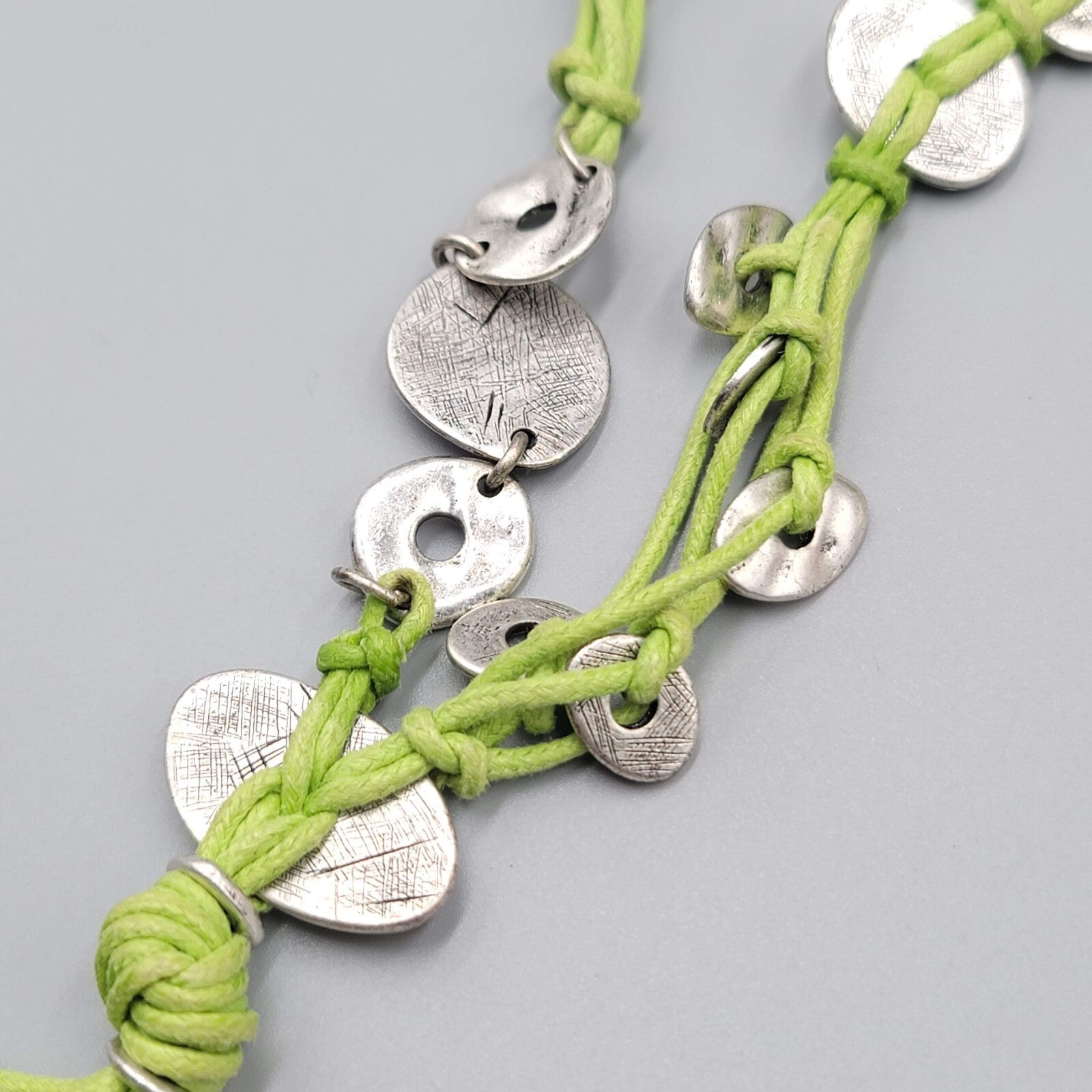 Coldwater Creek Necklace Green Cord Silver tone Accents 20"