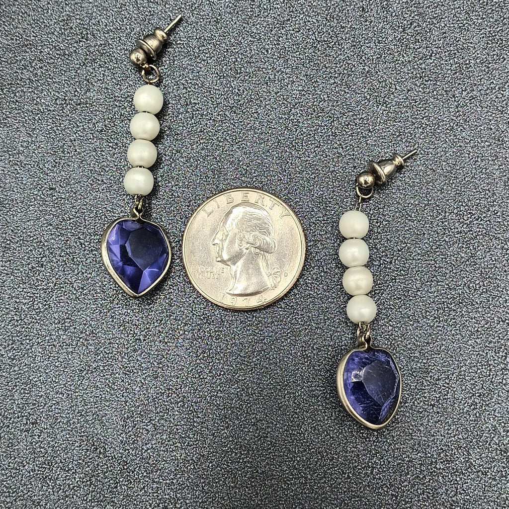 Vintage Pierced Earrings Purple Acrylic Heart Beaded Dangle 2"