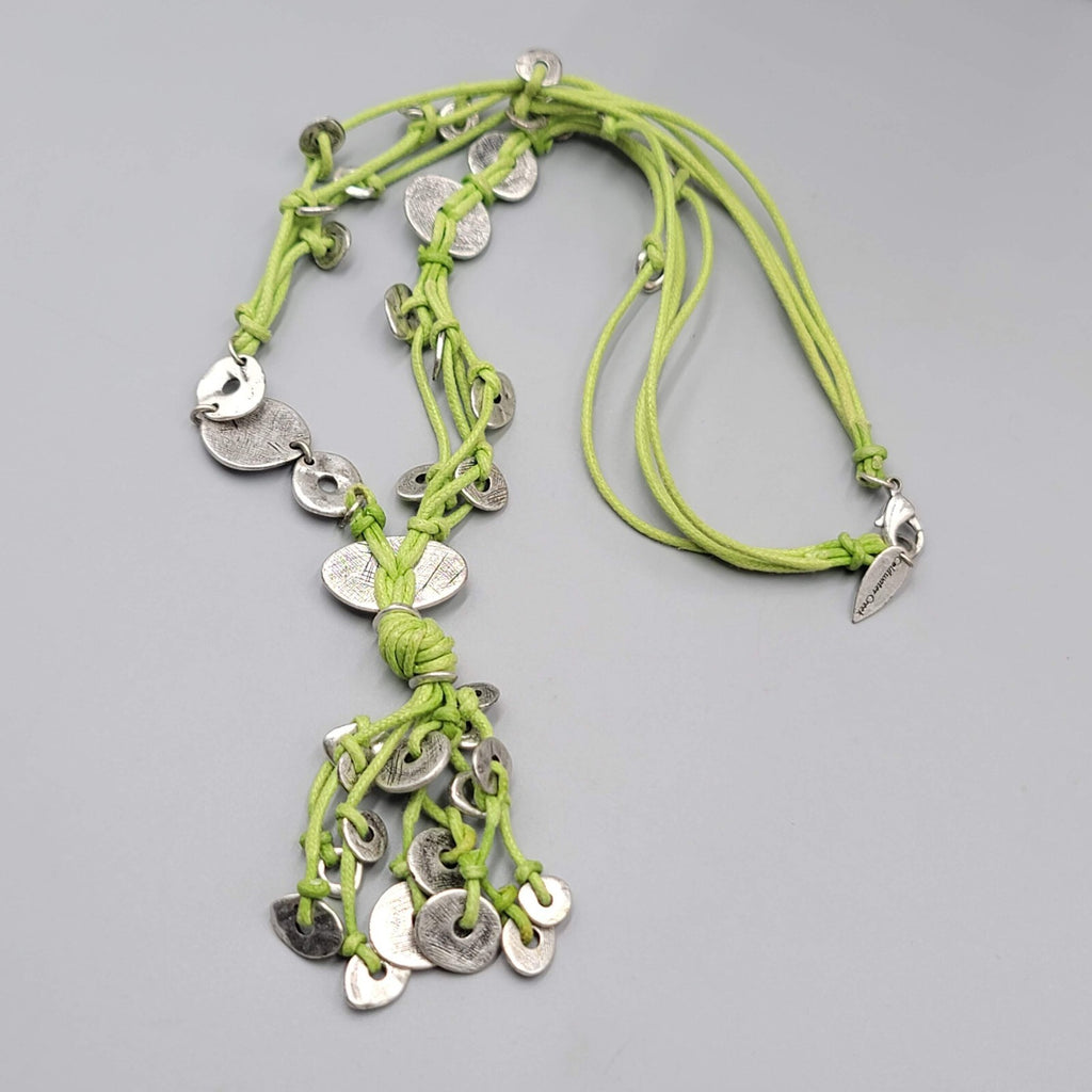 Coldwater Creek Necklace Green Cord Silver tone Accents 20"