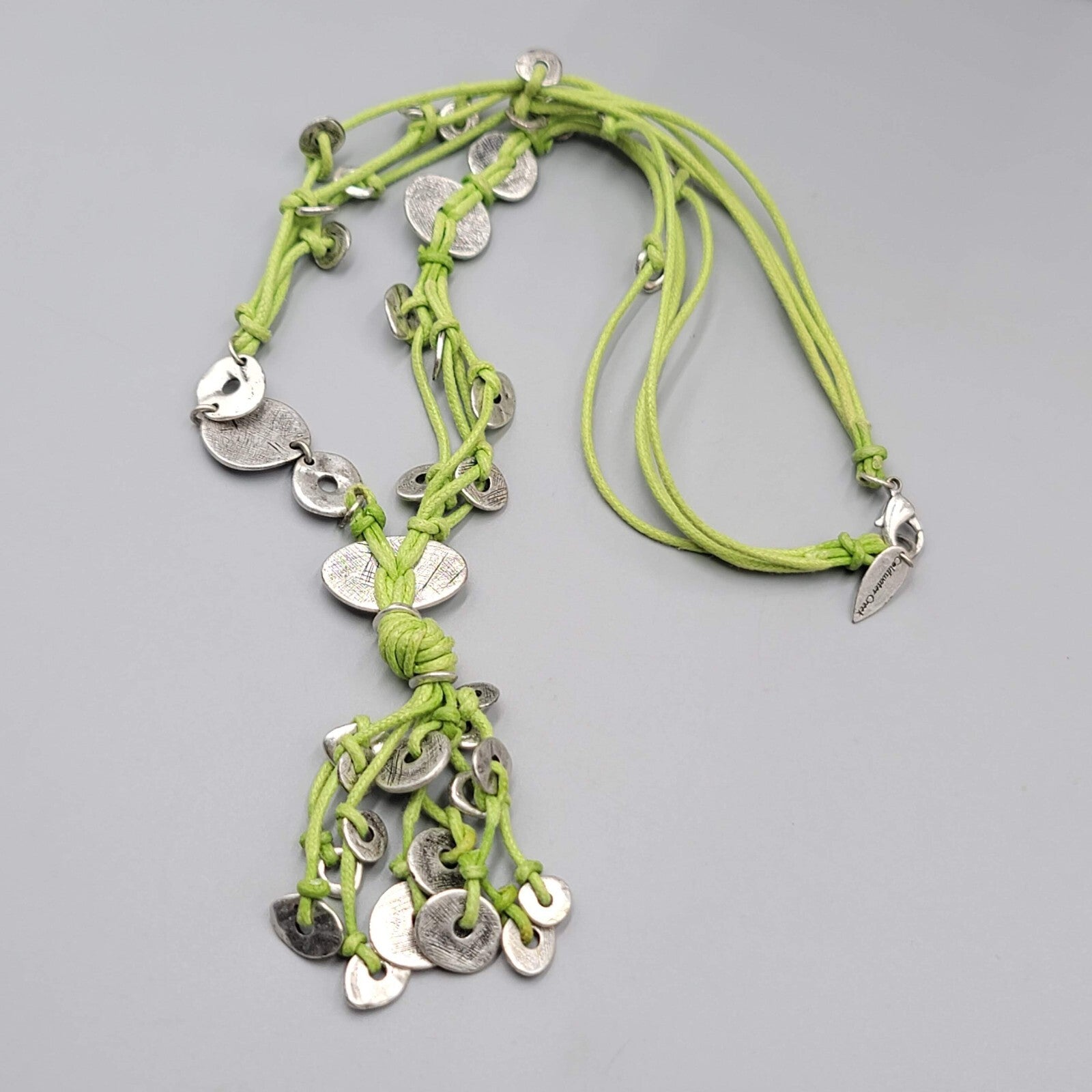 Coldwater Creek Necklace Green Cord Silver tone Accents 20"