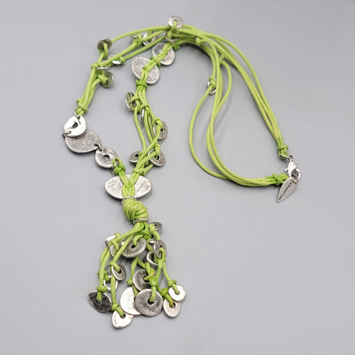 Coldwater Creek Necklace Green Cord Silver tone Accents 20"