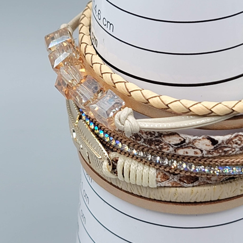 Wrap Bracelet Gold tone Tan Faux Leather Feather Charm Crystal Beads 6.5"