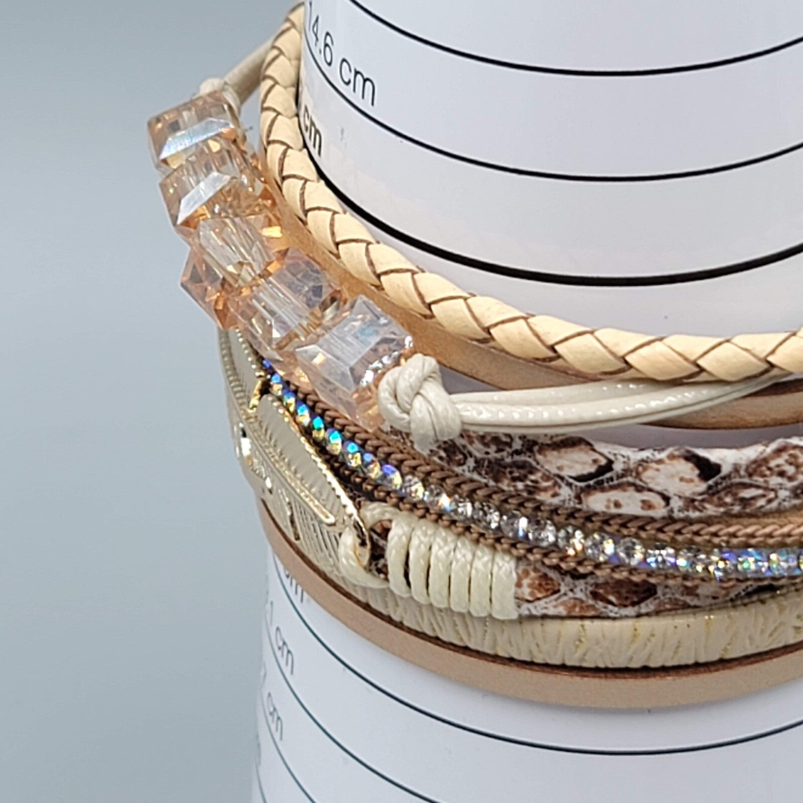 Wrap Bracelet Gold tone Tan Faux Leather Feather Charm Crystal Beads 6.5"