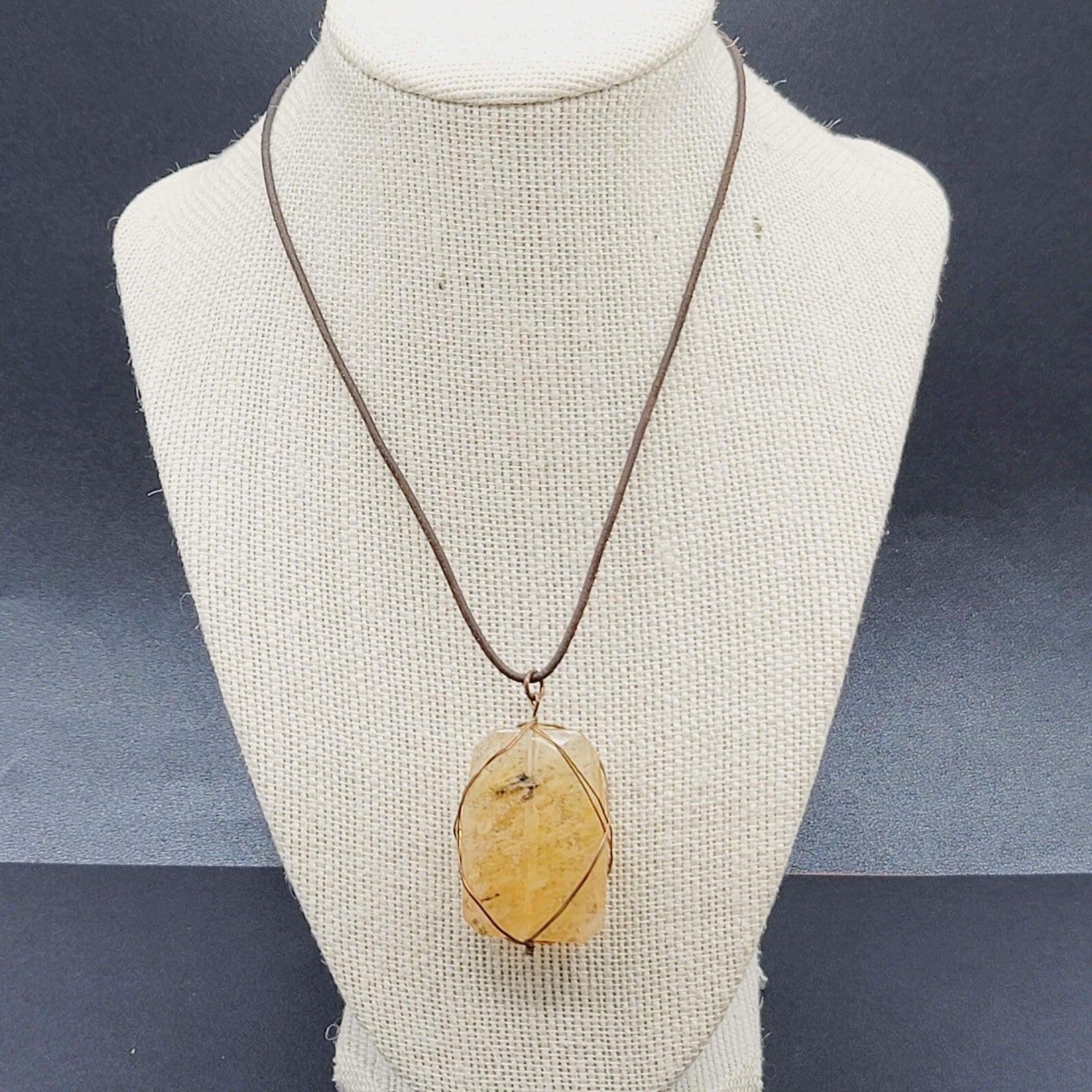 Natural Quartz Pendant Necklace Brown Leather Cord 16"-19"