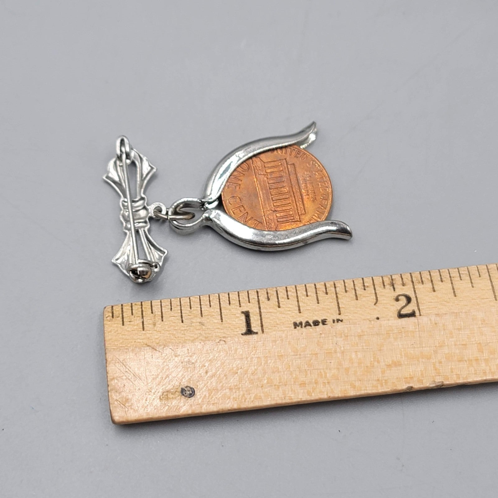 Vintage Lucky Penny Brooch Silver tone Bow Dangle 1 5/8 in