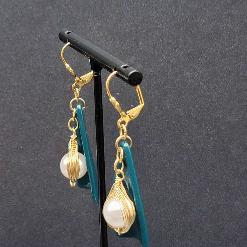 Pierced Earrings Gold Wire Faux Pearl Bead Teal Blue Dangle 1.75"