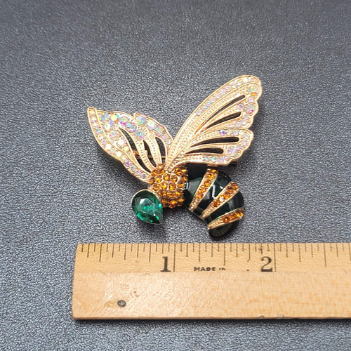 Crystal Rhinestone Brooch Bee Green AB Black Enamel 2"
