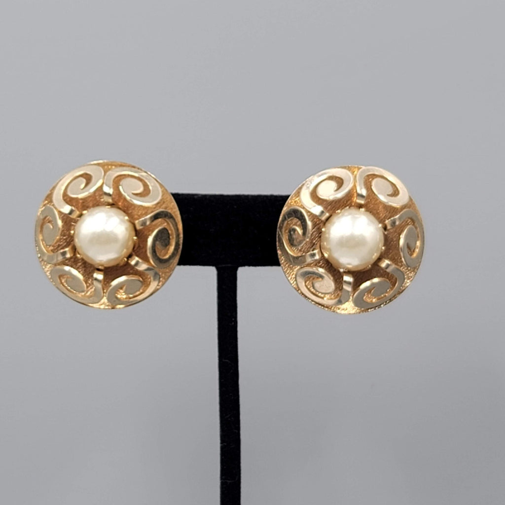 Vintage Clip on Earrings Gold tone White Cabochon Round Statement 1 1/8"