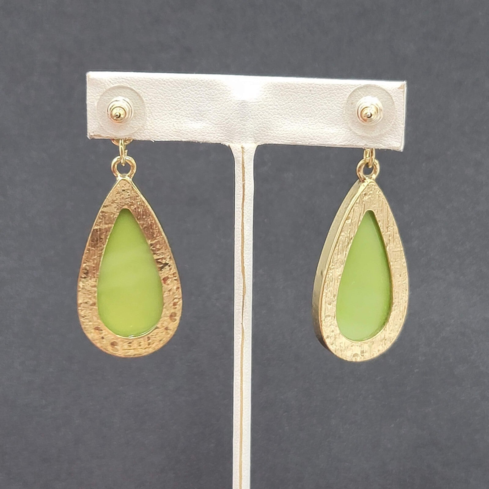 Pierced Earrings Gold tone Green Druzy Style Statement Dangle 2.25"