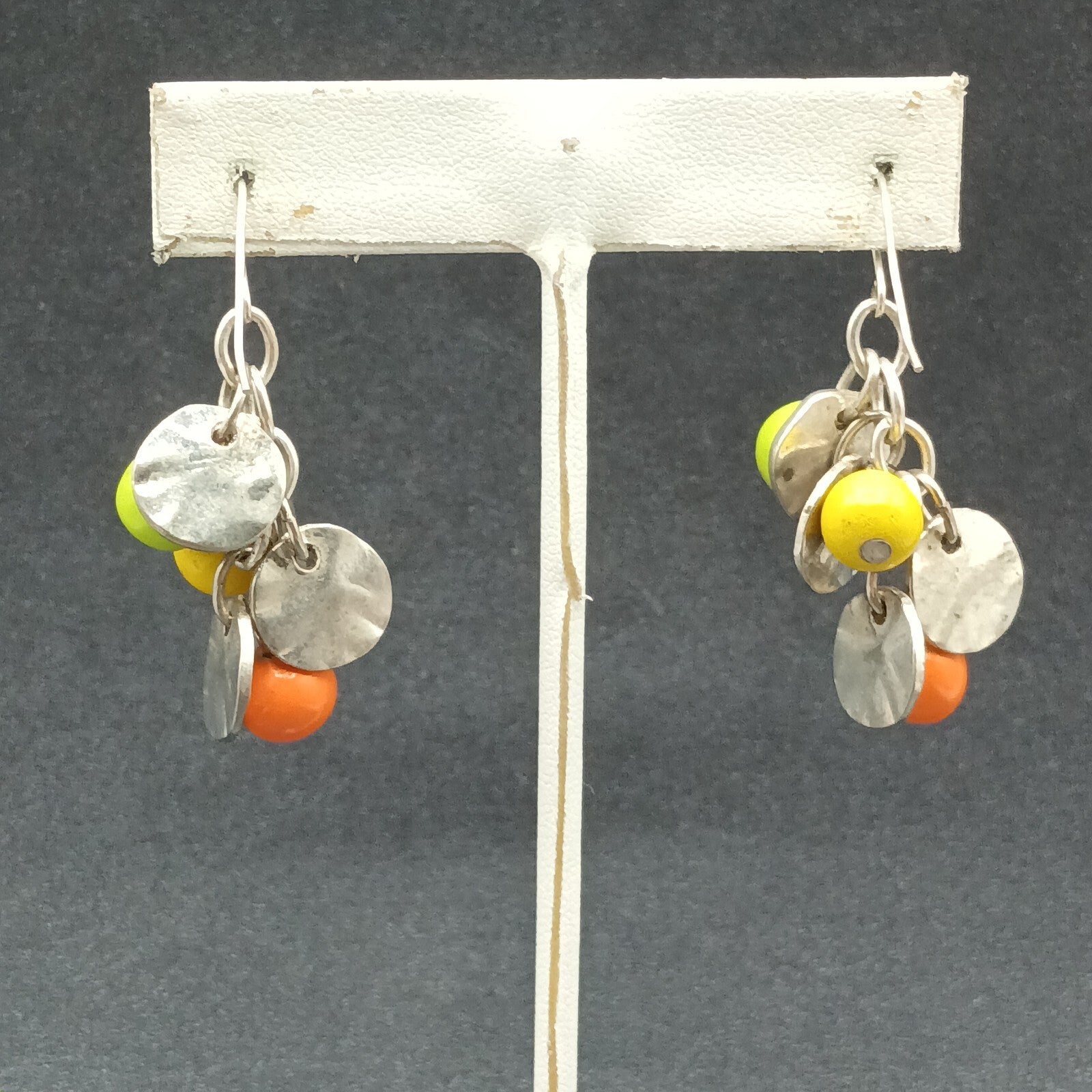 Pierced Earrings Silver tone Chain Hammer Disk Multicolor Bead Dangle 1 3/8"